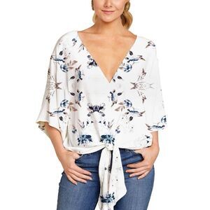 New Gorgeous L White, Blue, Tan Floral Print Front Knot 3/4 Sleeve Blouse Top